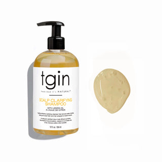 tgin Scalp Clarifying Shampoo pump bottle next to a swatch of pale yellow shampoo
