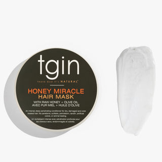 tgin Honey Miracle Hair Mask jar with a swatch of the mask