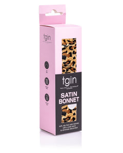 tgin Satin Bonnet in pink box with leopard print design